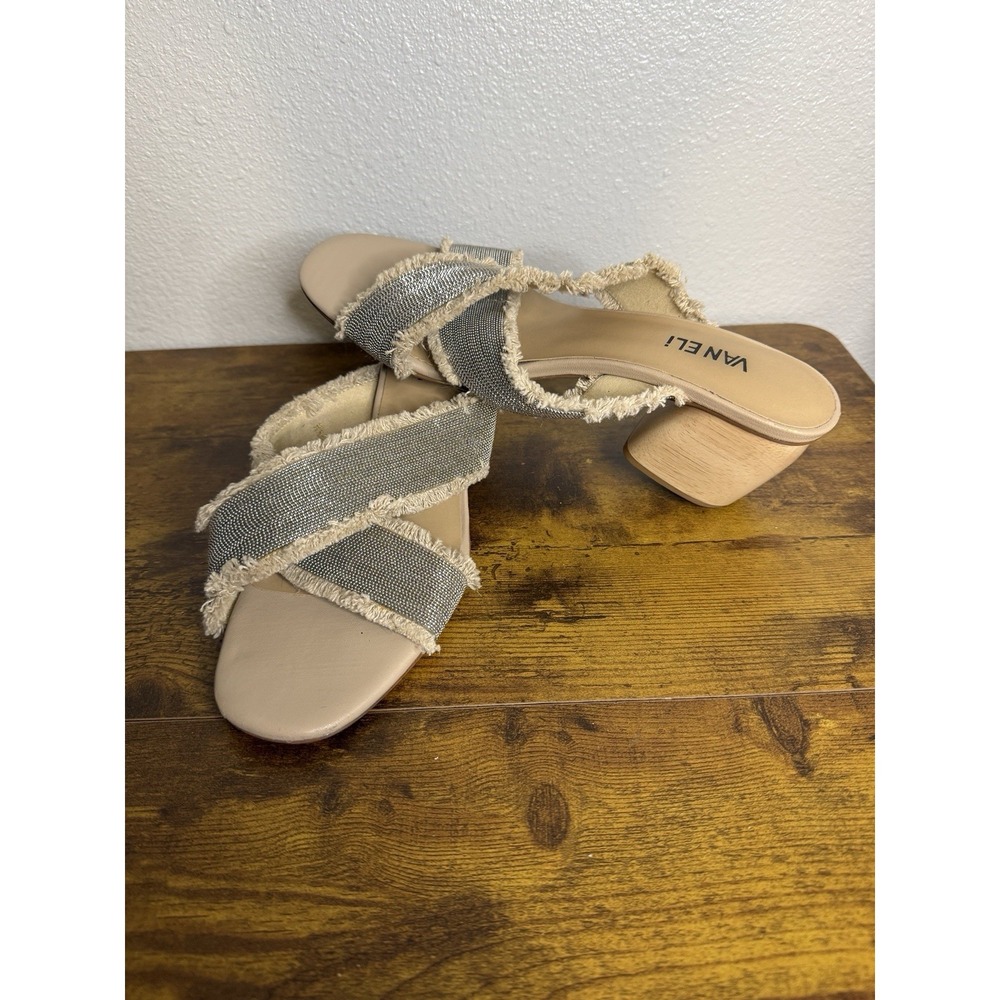 VANELi Levya Metal Slide Womens Size 9.5 Silver‎ Gold Wood Block Heels Sandals